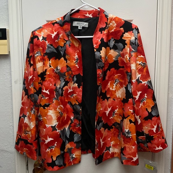 Kasper Jackets & Blazers - Kasper Fall Floral Orange and Red Open Front Blazer Size 16